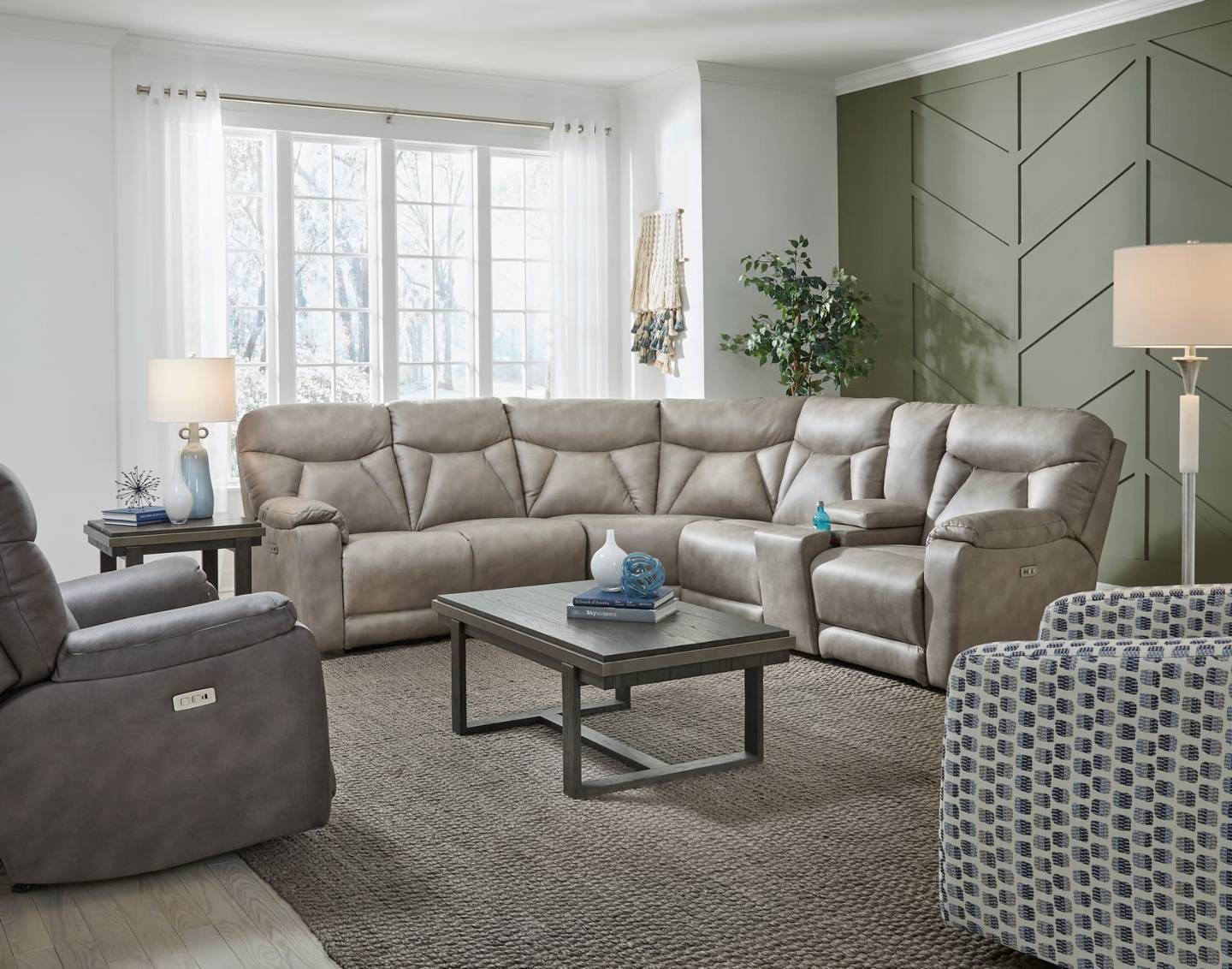 Conrad three-piece power reclining sectional in Scottsdale Greystone at a Gavigan's Maryland showroom