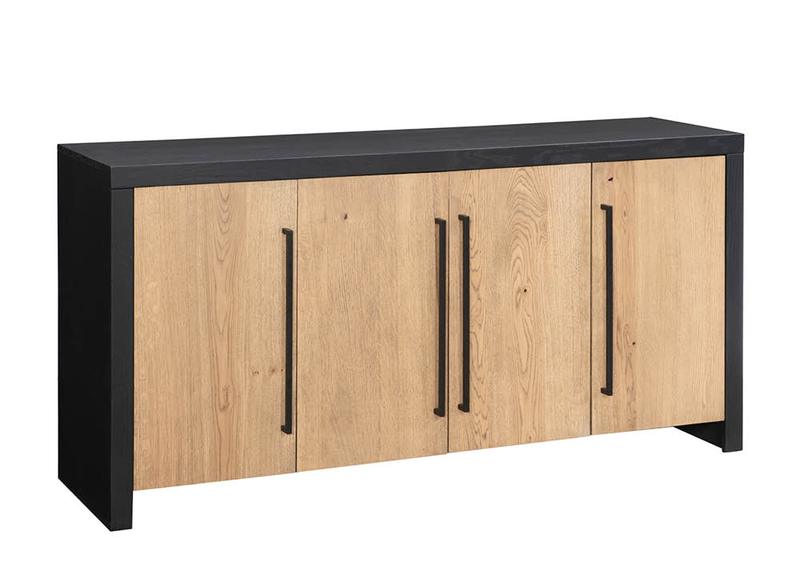 Keeler two-door credenza in natural oak with a black frame and long bar pulls