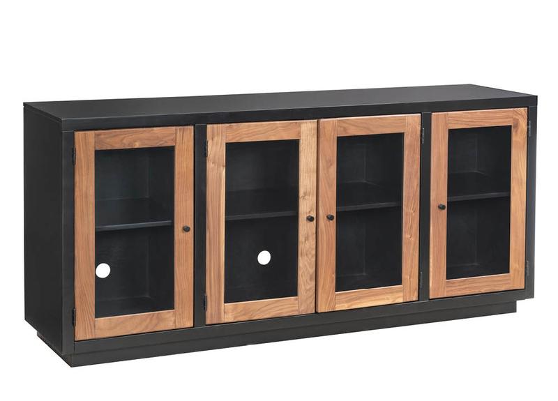 Mason storage cabinet in black with four glass doors framed in natural acacia