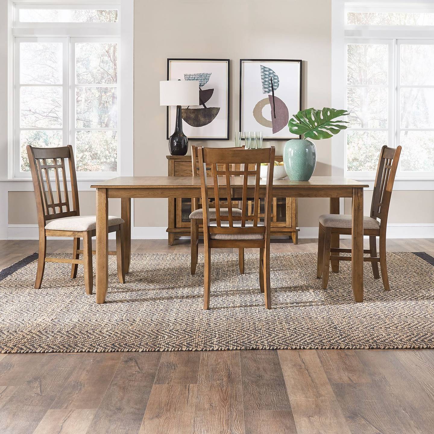 Canadel solid wood leg dining table with slat-back side chairs